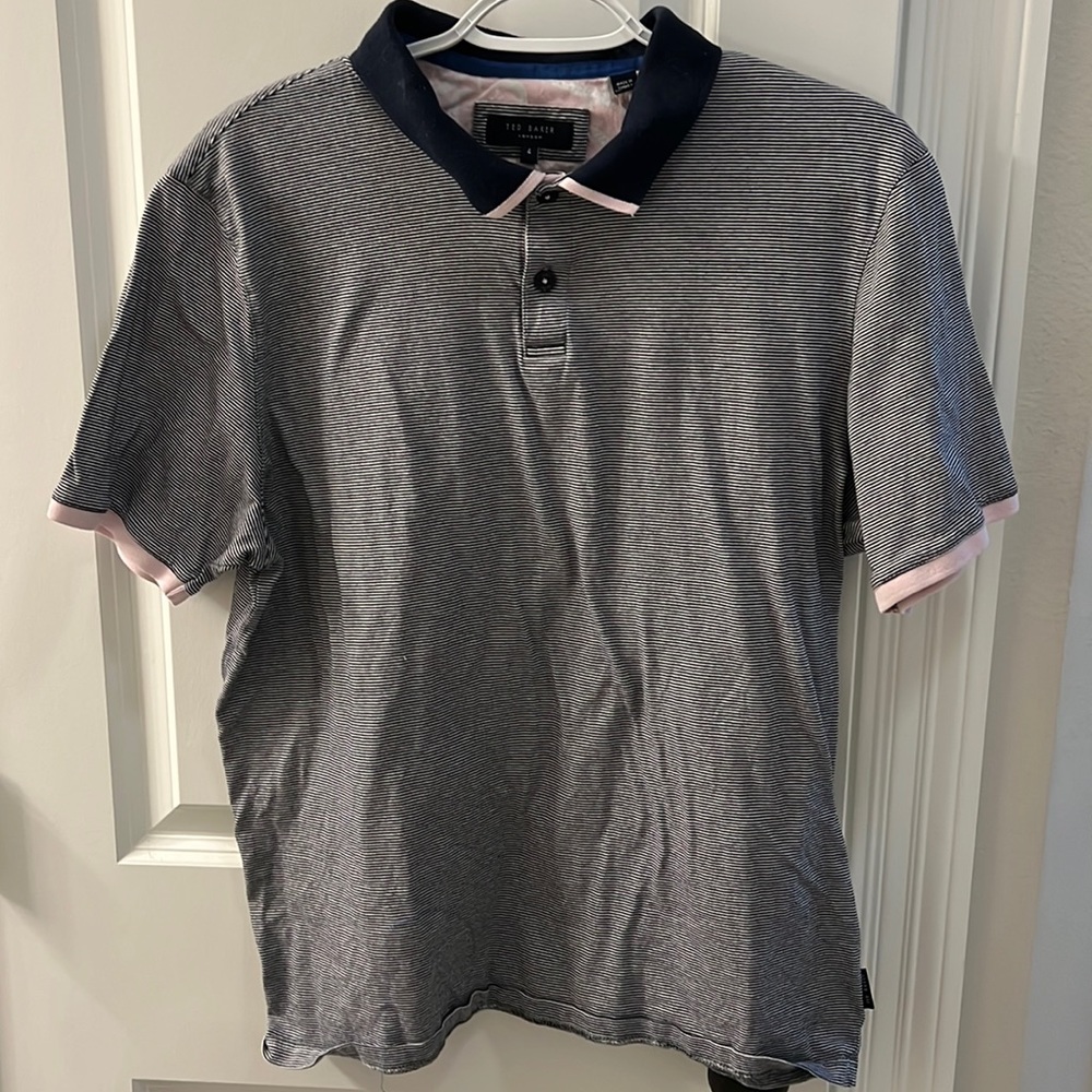 Ted Baker London 2 button polo with blue with stripes.